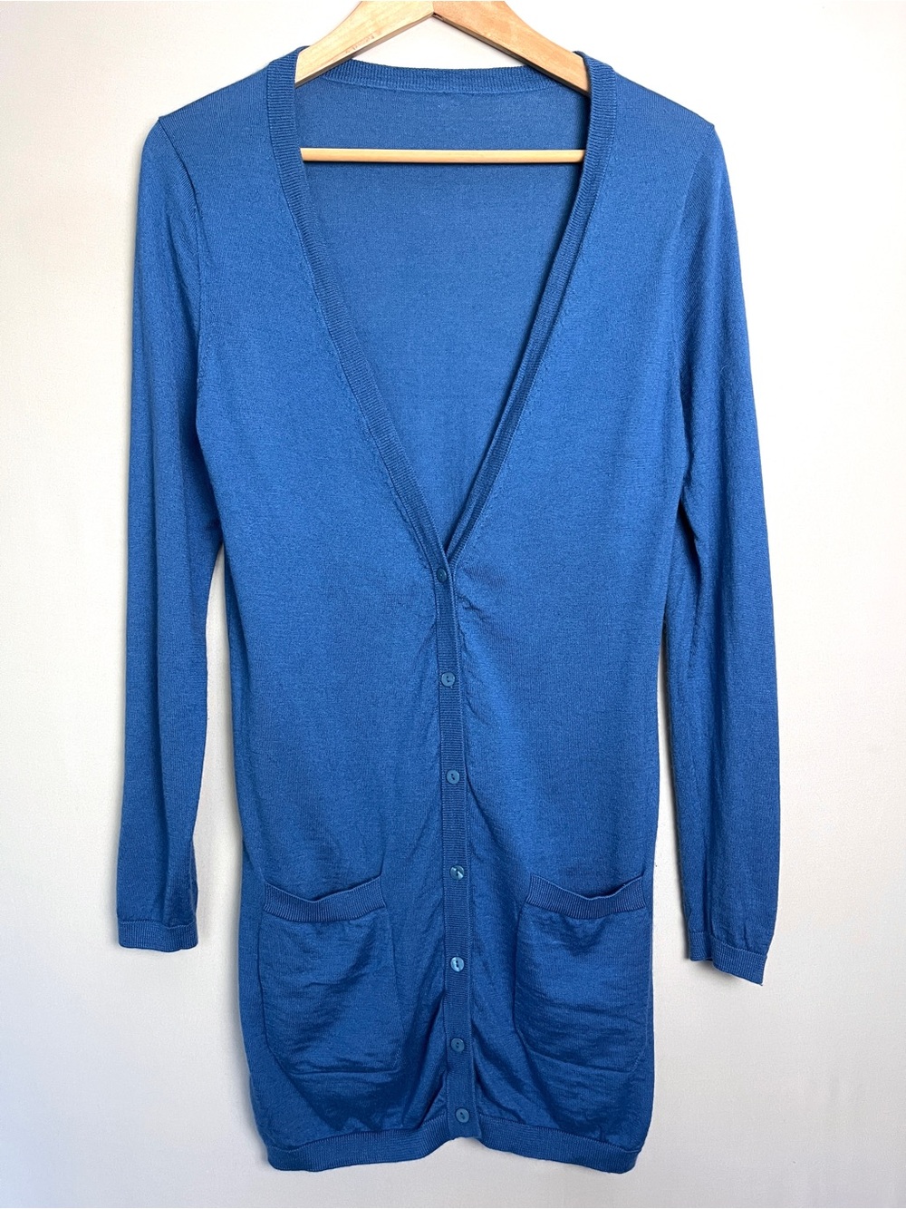 55% Silk 45% Cashmere Longline Cardigan Blue Button Front Pockets